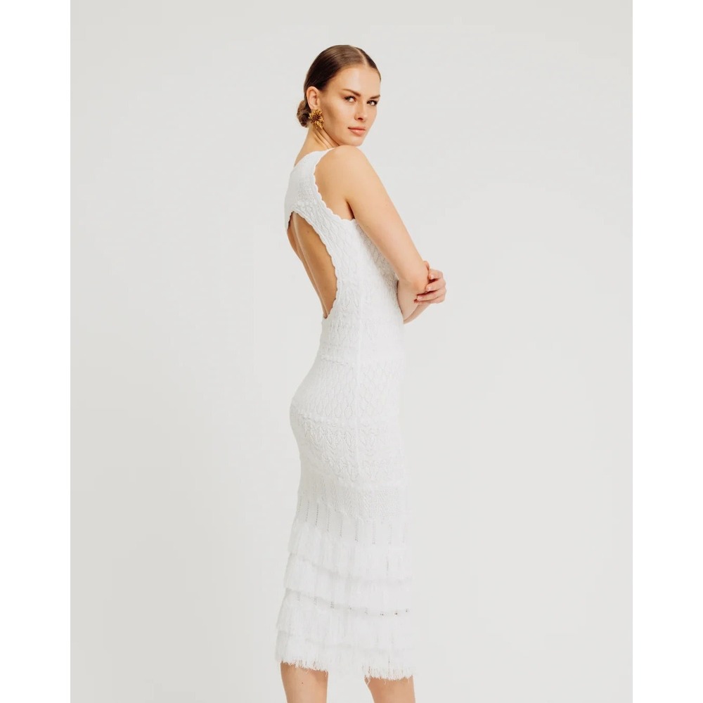 Torn by Ronny Kobo‎ Ryan Dress Size Small White Crochet Knit Fringe